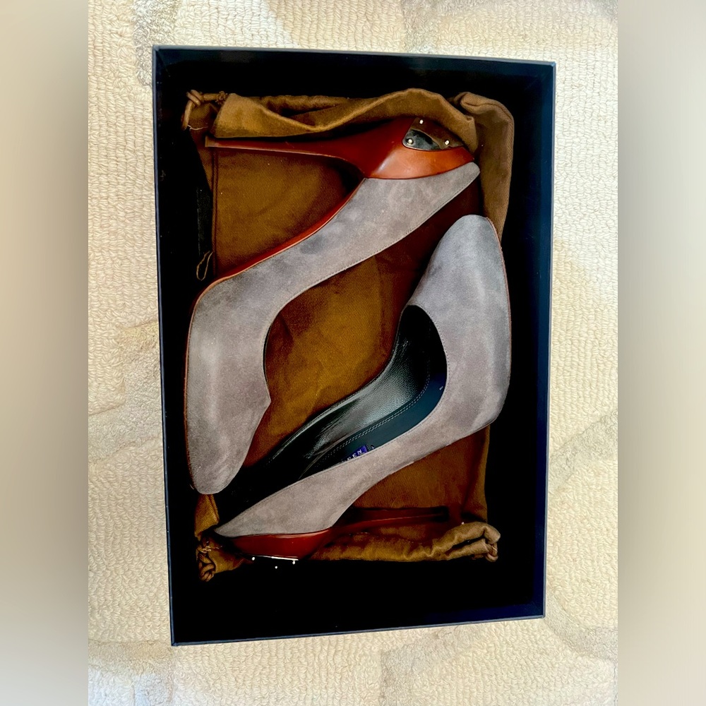 Ralph Lauren purple label suede steel/ wood heels 8.5